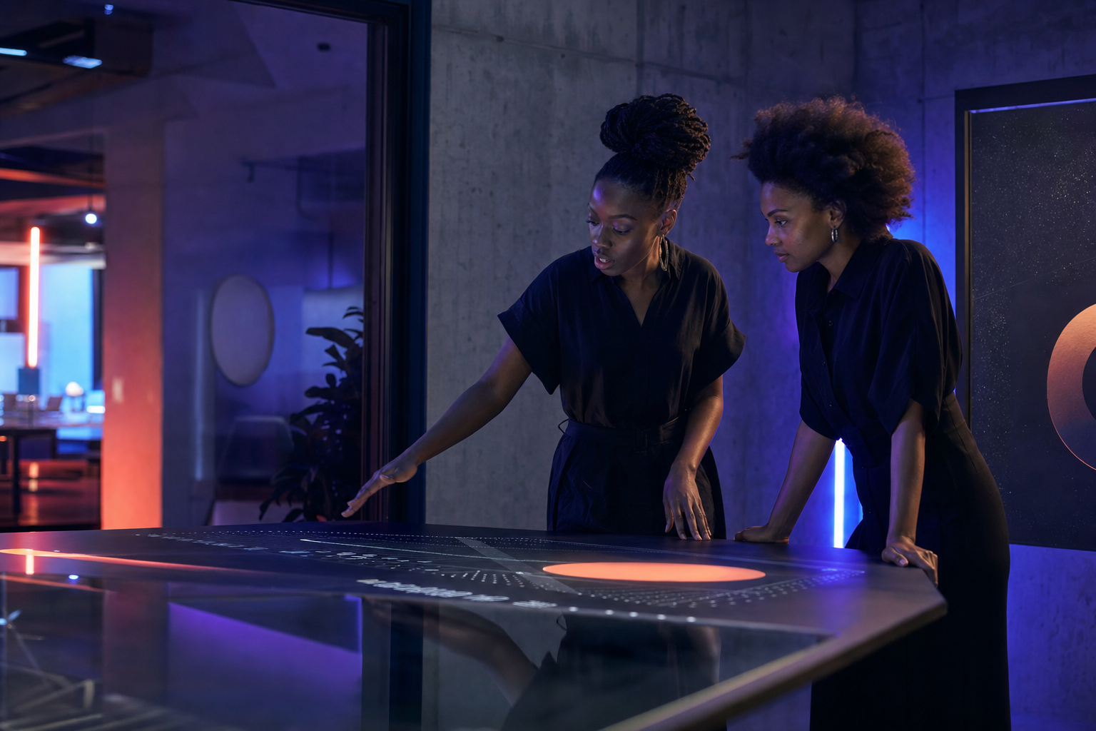 Two South African digital designers collaborating in a futuristic studio